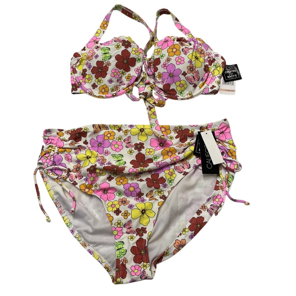 California Waves Plus Bikini Retro Floral Underwire Top High Waist‎ 2X Beach
